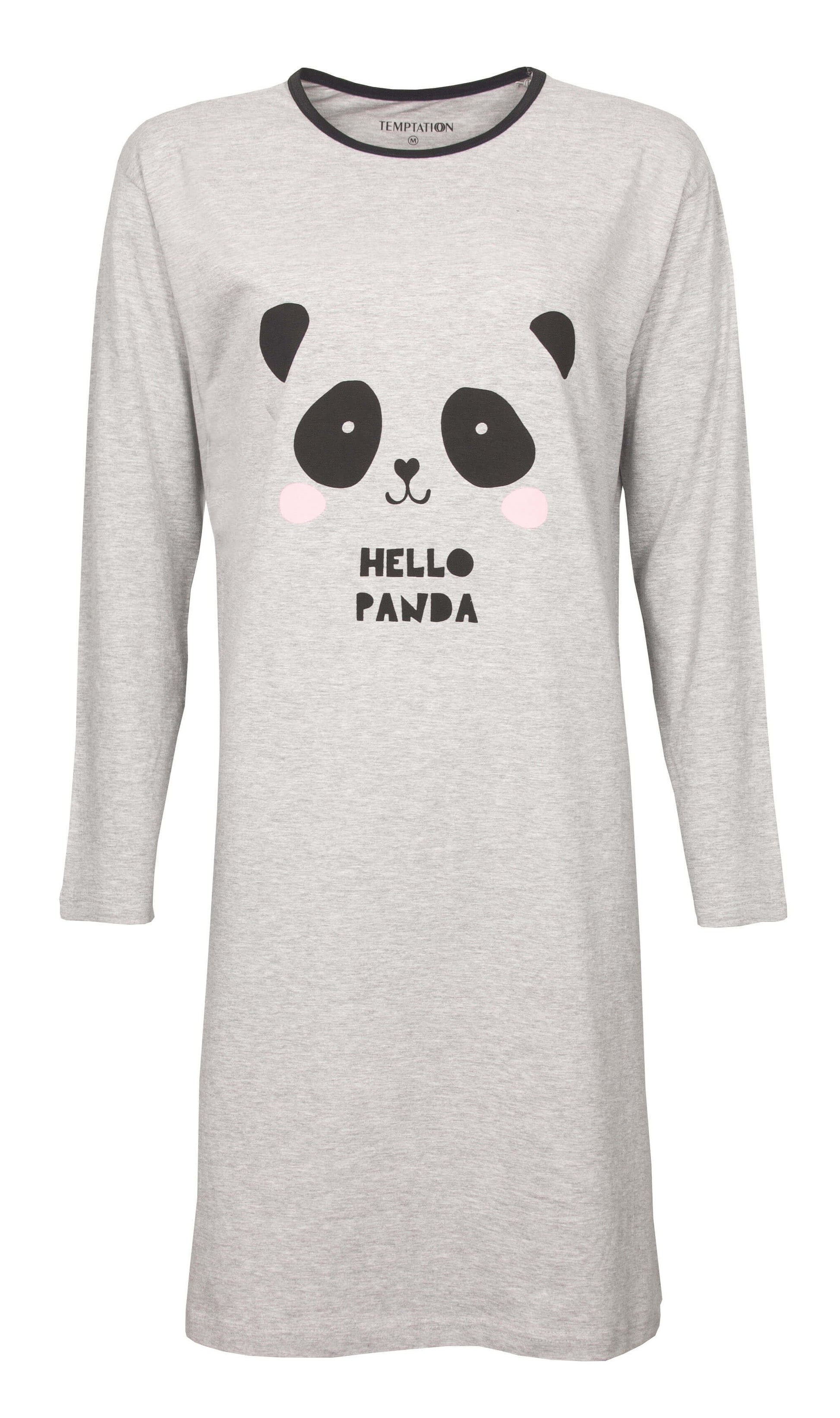 Grijs dames nachthemd met lange mouwen en Hello Panda print, ronde hals met zwarte bies, merk Temptation