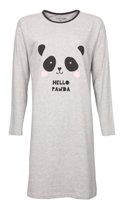 Grijs dames nachthemd met lange mouwen en Hello Panda print, ronde hals met zwarte bies, merk Temptation