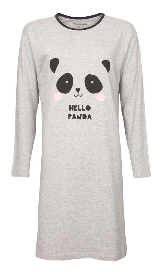 Grijs dames nachthemd met lange mouwen en Hello Panda print, ronde hals met zwarte bies, merk Temptation