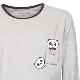 Grijs nachthemd met lange mouwen, zwarte hals en schattige panda print op de borst en in borstzakje