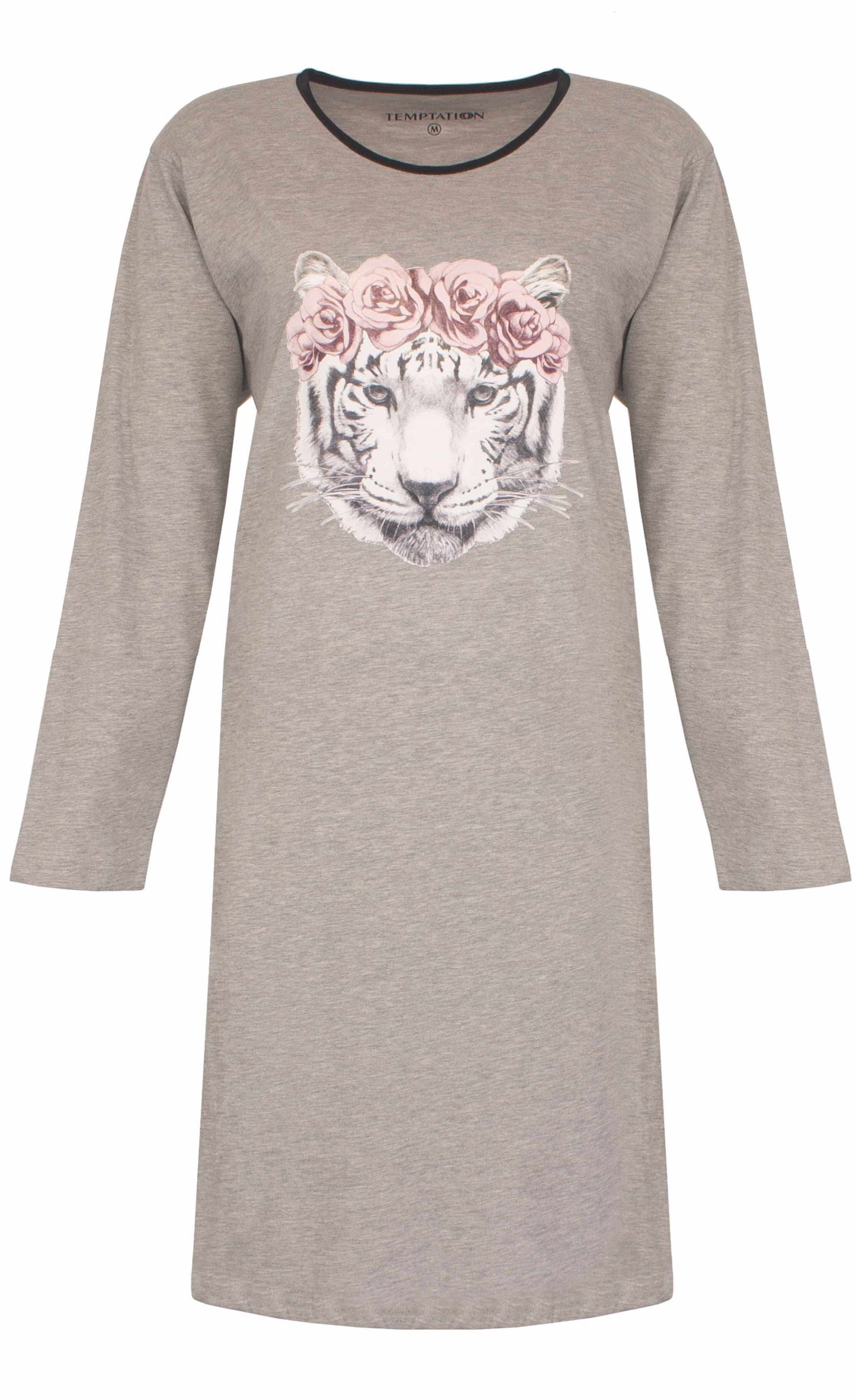 Grijs melange nachthemd met lange mouwen, versierd met een tijgerkop met roze rozen op het hoofd.