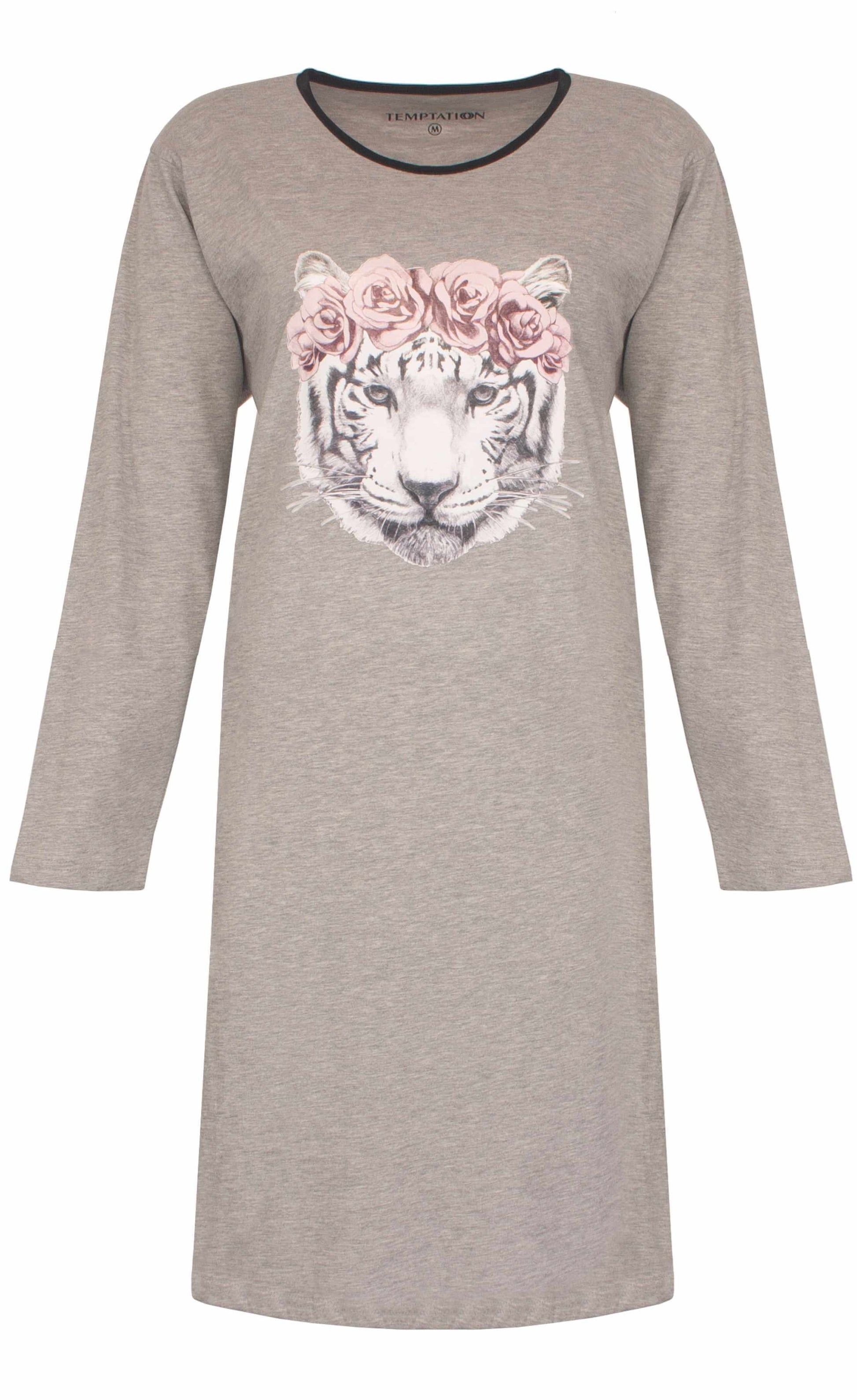 Grijs melange nachthemd met lange mouwen, versierd met een tijgerkop met roze rozen op het hoofd.