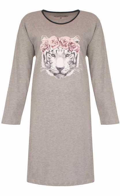 Grijs melange nachthemd met lange mouwen, versierd met een tijgerkop met roze rozen op het hoofd.