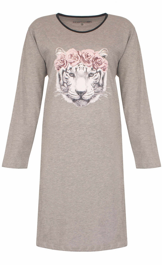 Grijs melange nachthemd met lange mouwen, versierd met een tijgerkop met roze rozen op het hoofd.