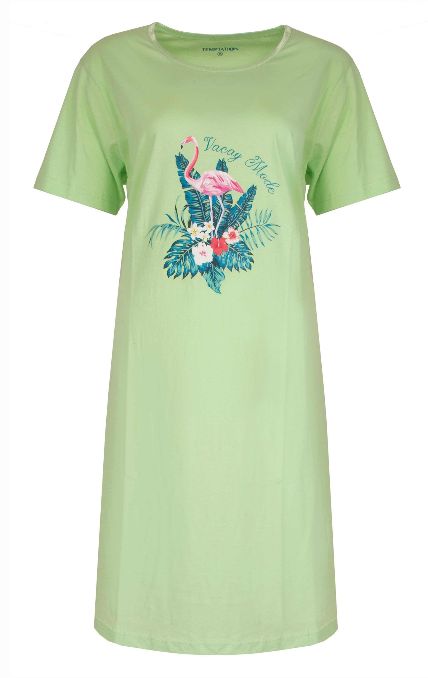 Pastelgroen nachthemd met korte mouwen, versierd met een tropische flamingo en van een roze flamingo en planten.
