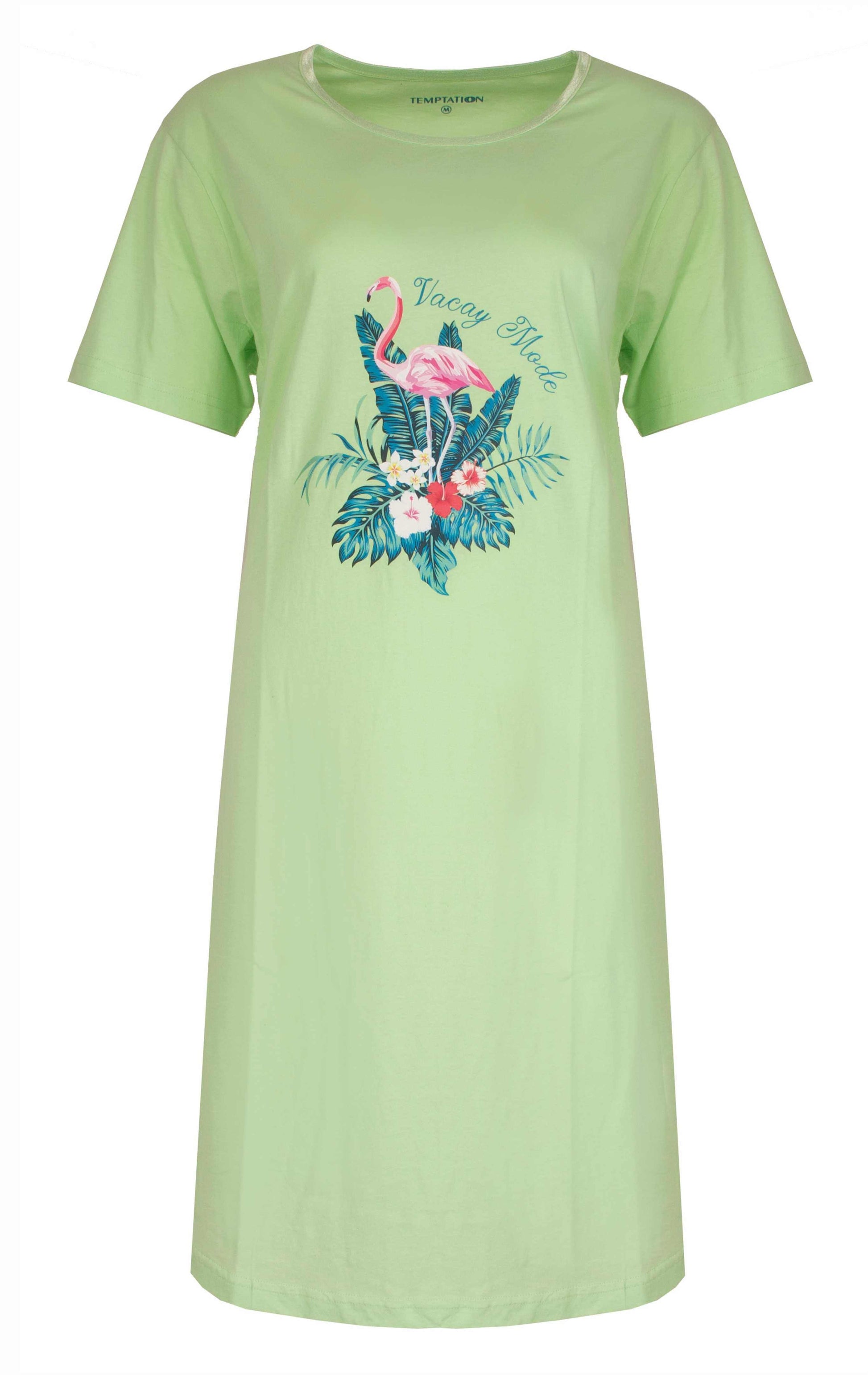 Pastelgroen nachthemd met korte mouwen, versierd met een tropische flamingo en van een roze flamingo en planten.