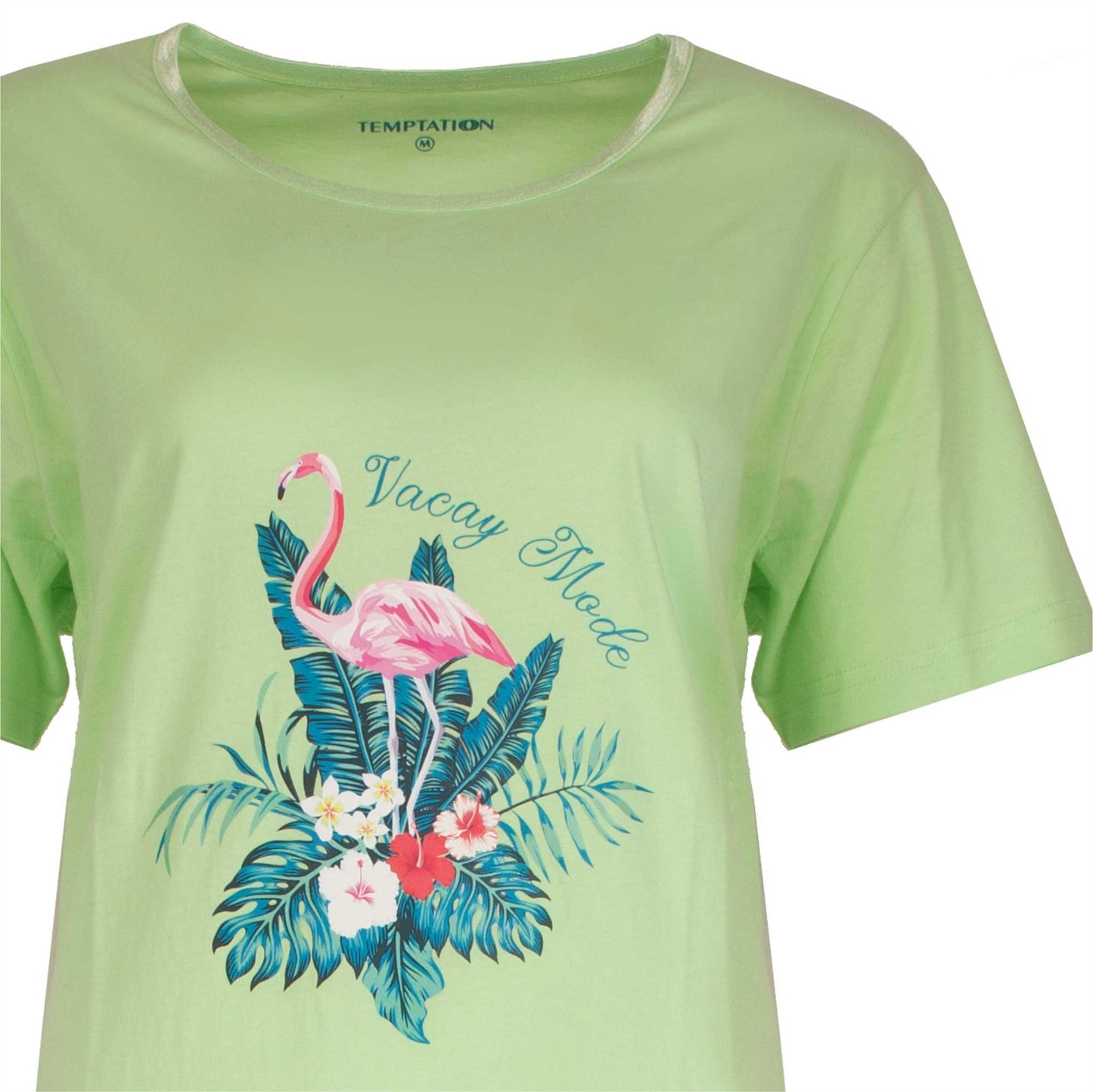 Groen nachthemd met tropische print van flamingo en bladeren, tekst 'Vacay Mode' op de voorkant