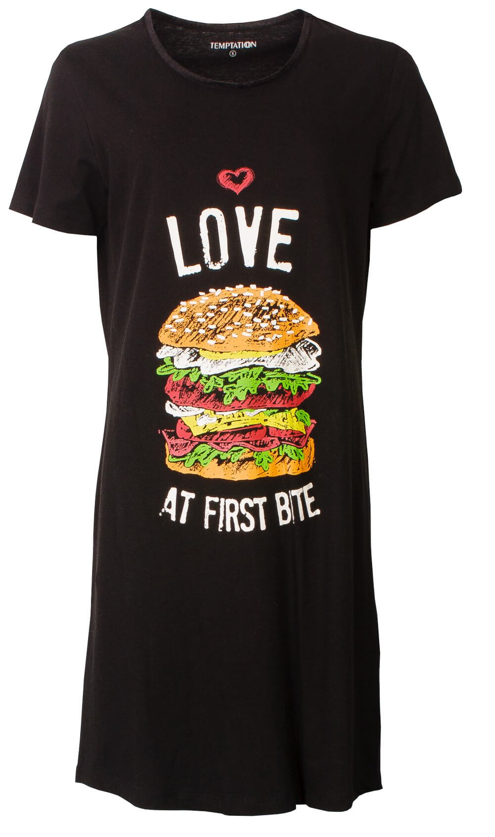 Zwart nachthemd met opdruk 'LOVE AT FIRST BITE' en kleurrijke hamburgerillustratie op de voorkant
