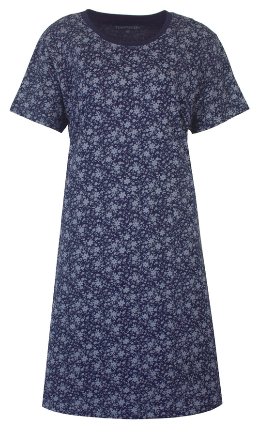 Blauw katoenen nachthemd met korte mouwen en een bloemenpatroon, losvallend model tot kniehoogte.