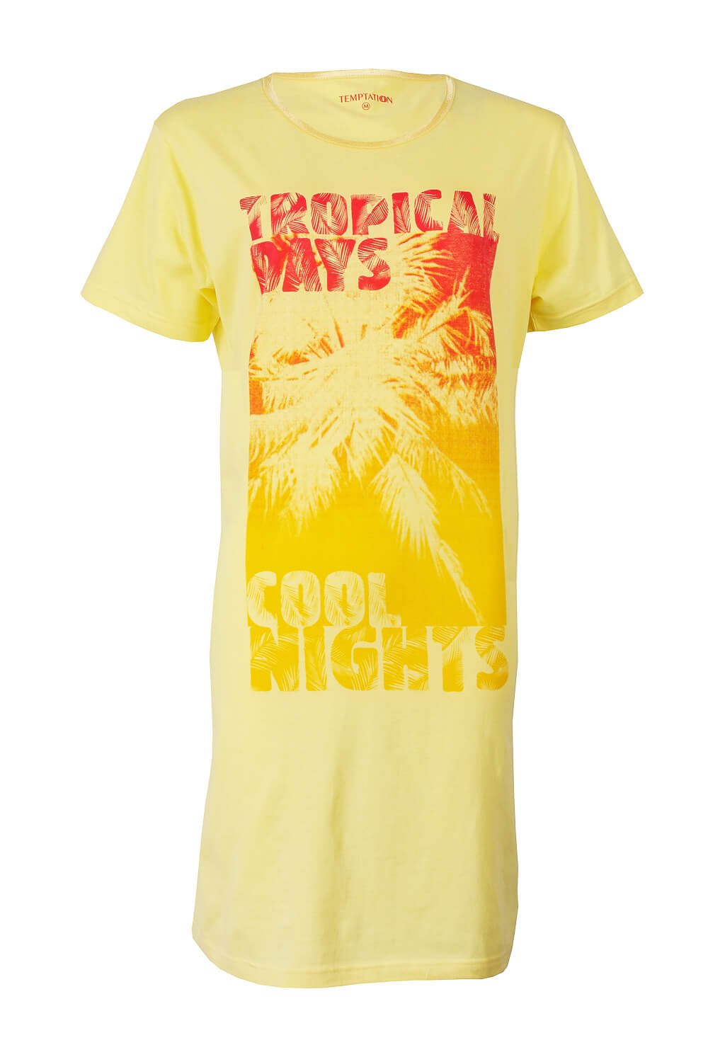 Geel nachthemd met 'Tropical Days Cool Nights' print en palmboom, korte mouwen en ronde hals
