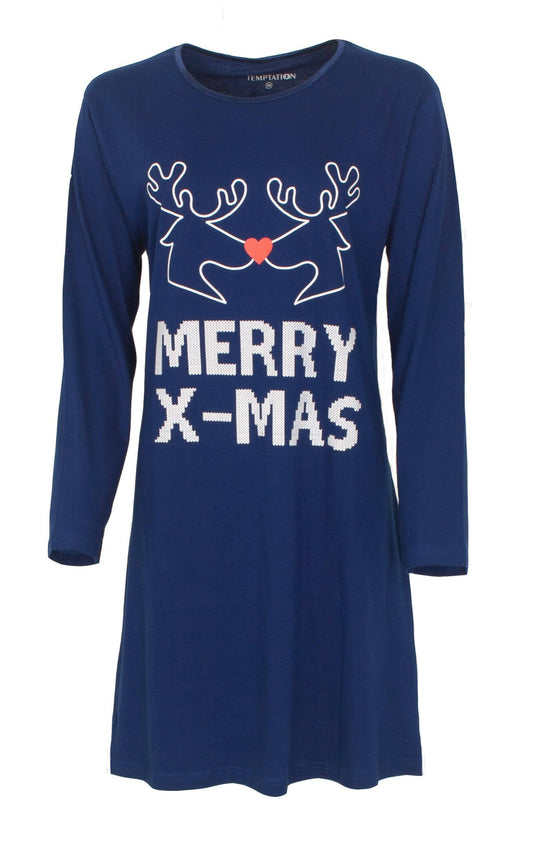 Blauw nachthemd met lange mouwen, kerstprint van rendieren en 'MERRY X-MAS' tekst in wit