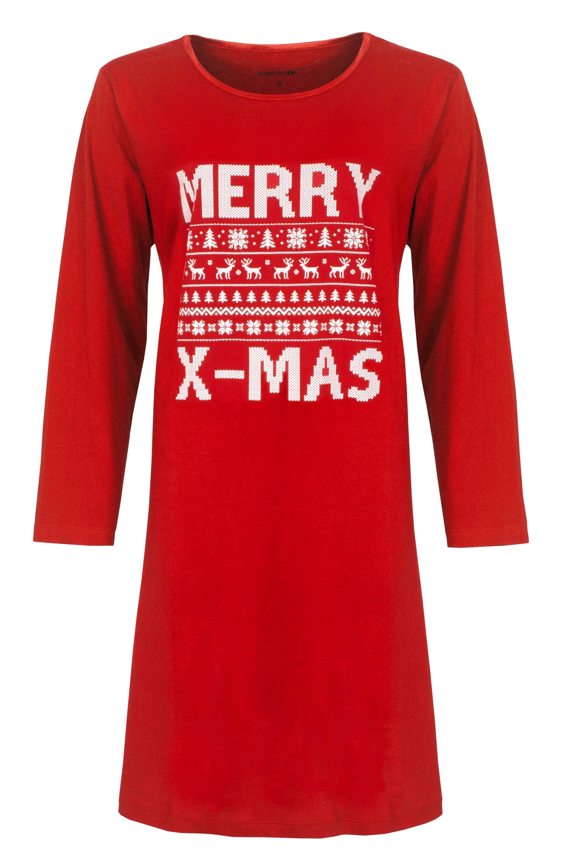 Rood nachthemd met lange mouwen en 'Merry X-mas' print, versierd met kerstbomen en rendieren in wit