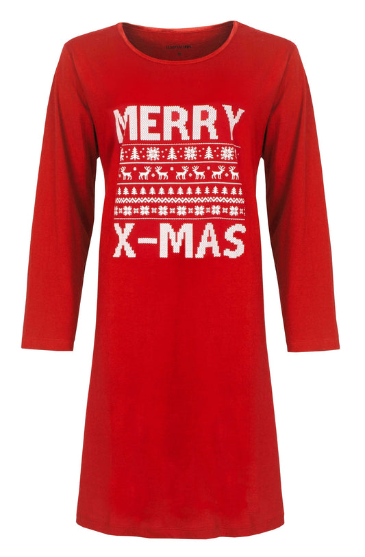 Rood nachthemd met lange mouwen en 'Merry X-mas' print, versierd met kerstbomen en rendieren in wit