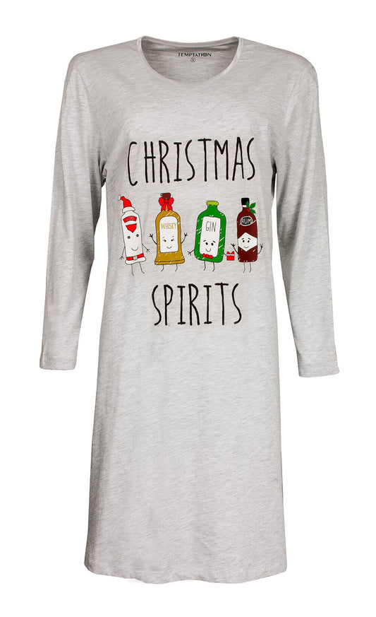 Grijs nachthemd met lange mouwen en 'Christmas Spirits' print van drankflessen in kerstsfeer