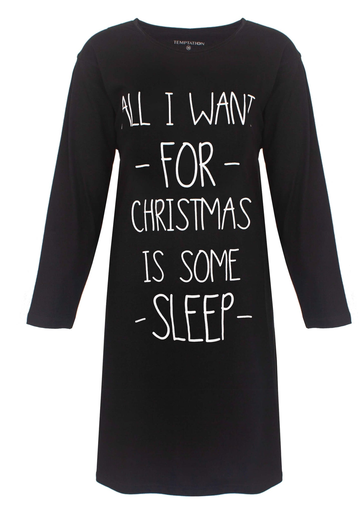 Zwart nachthemd met lange mouwen en witte tekst 'All I want for Christmas is some sleep' op de voorkant