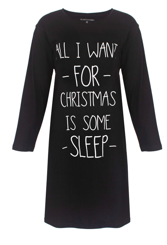 Zwart nachthemd met lange mouwen en witte tekst 'All I want for Christmas is some sleep' op de voorkant