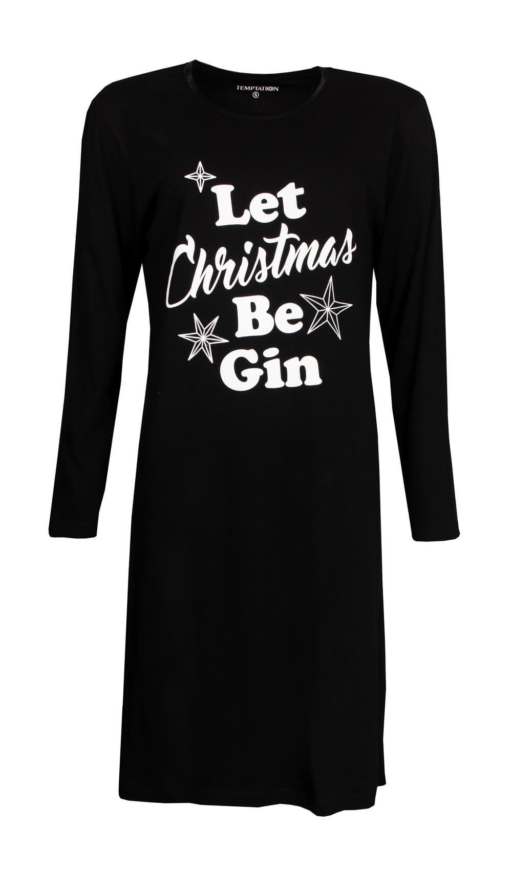 Zwart nachthemd met lange mouwen en witte tekstopdruk 'Let Christmas Be Gin' en sterren decoraties