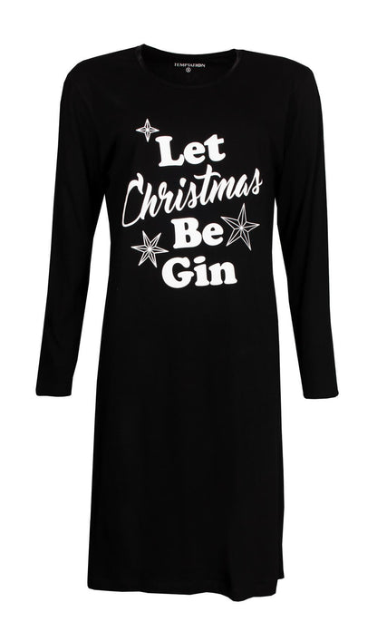Zwart nachthemd met lange mouwen en witte tekstopdruk 'Let Christmas Be Gin' en sterren decoraties