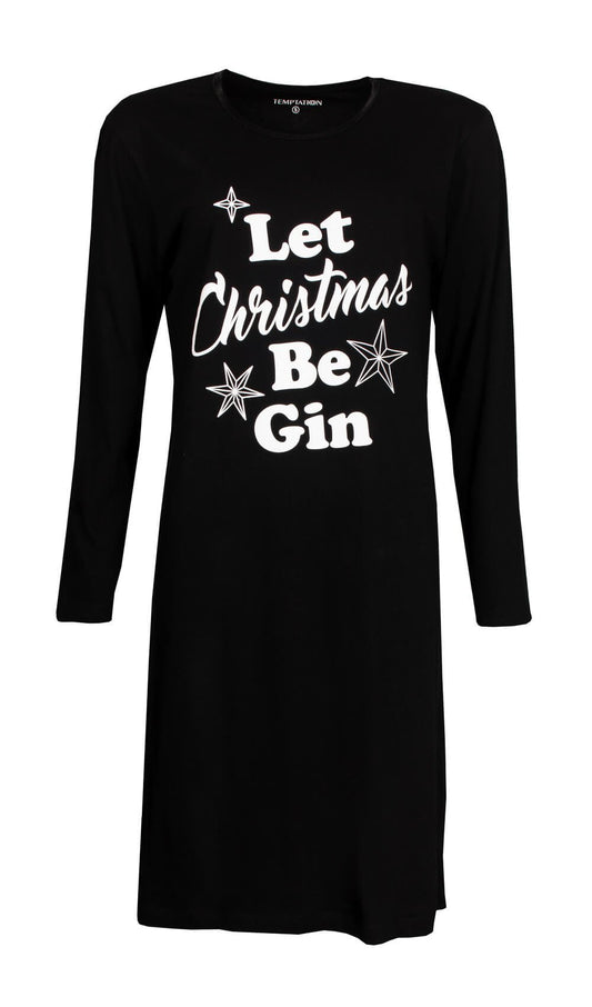 Zwart nachthemd met lange mouwen en witte tekstopdruk 'Let Christmas Be Gin' en sterren decoraties