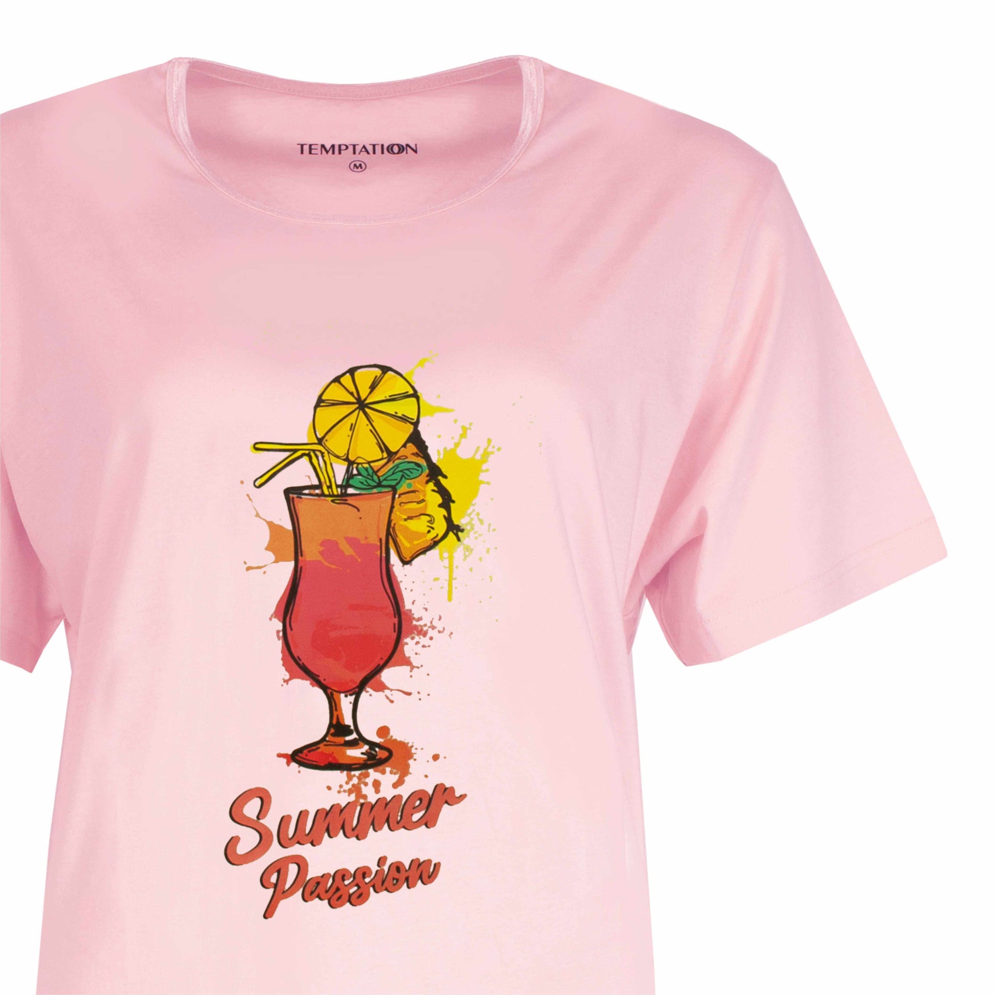 Roze nachthemd met korte mouwen, bedrukt met een kleurrijke cocktail en de tekst 'Summer Passion'