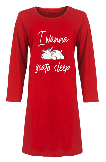 Rood nachthemd met lange mouwen, opdruk 'I wanna goato sleep' en een slapende geit-eenhoorn afbeelding