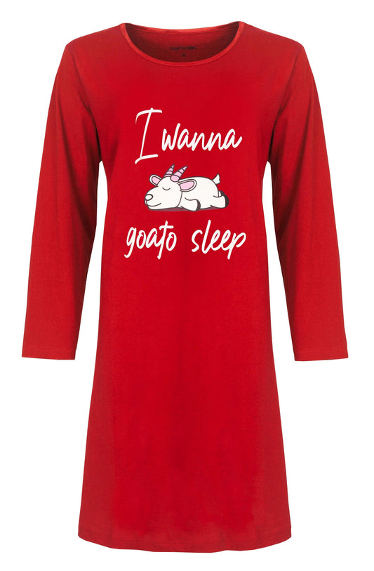 Rood nachthemd met lange mouwen, opdruk 'I wanna goato sleep' en een slapende geit-eenhoorn afbeelding