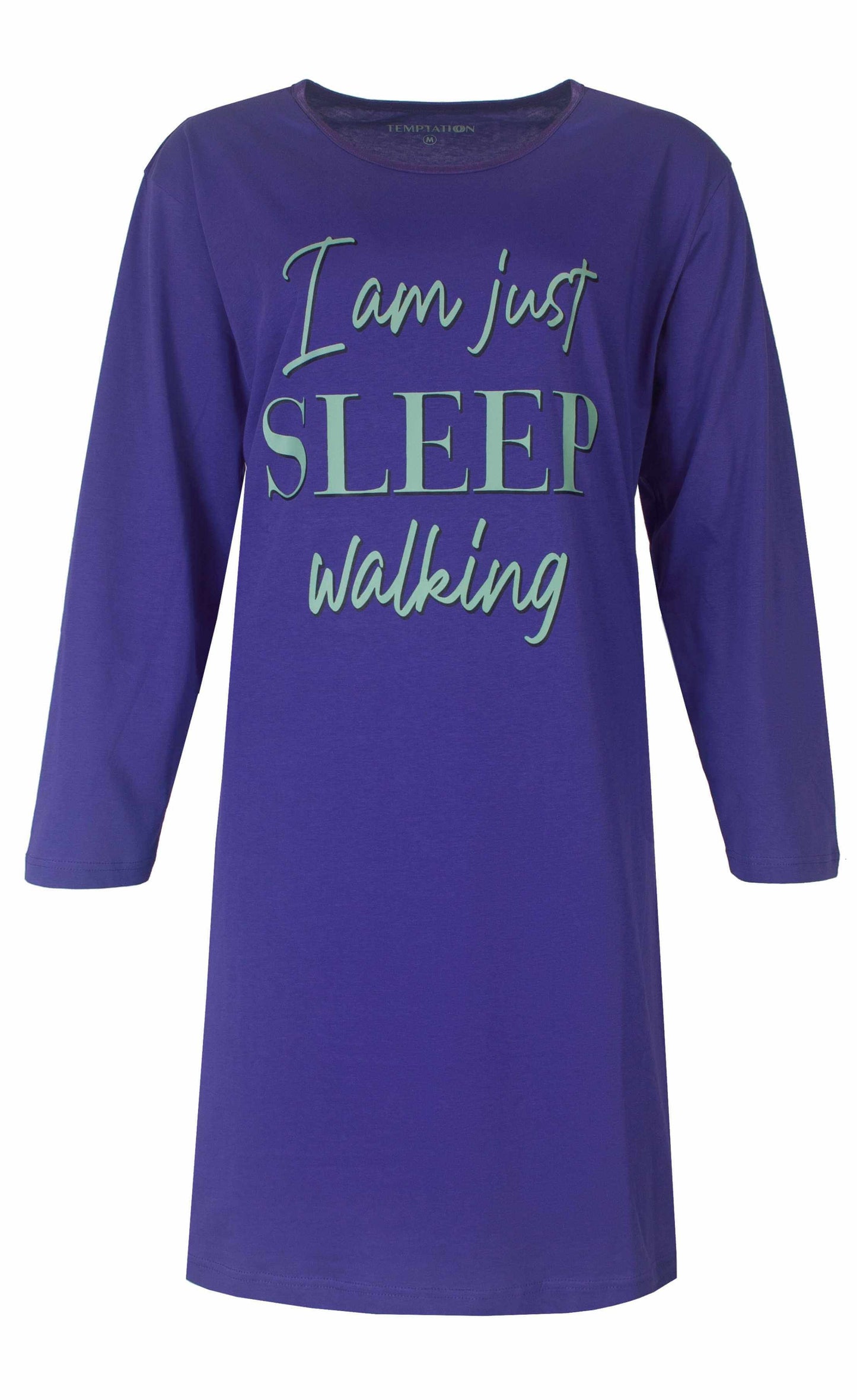 Paars nachthemd met lange mouwen en tekst 'I am just SLEEP walking' in mintgroene letters