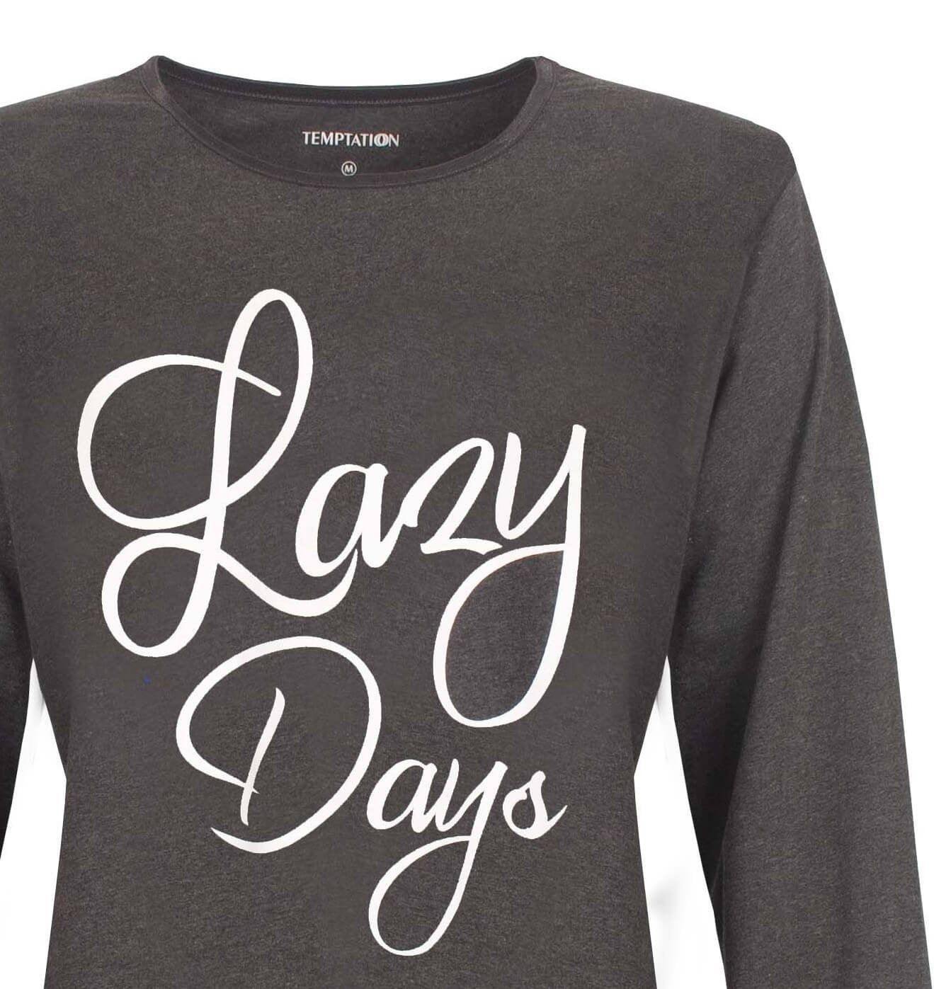 Donkergrijs dames bigshirt metthemd met lange mouwen en 'Lazy Days' in witte letters op de voorkant