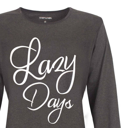 Donkergrijs dames bigshirt metthemd met lange mouwen en 'Lazy Days' in witte letters op de voorkant