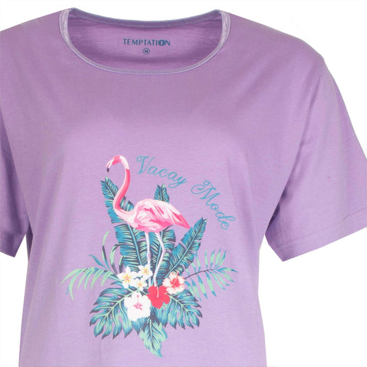 Paars nachthemd met korte mouwen, versierd met tropische print van flamingo en bloemen op de voorkant