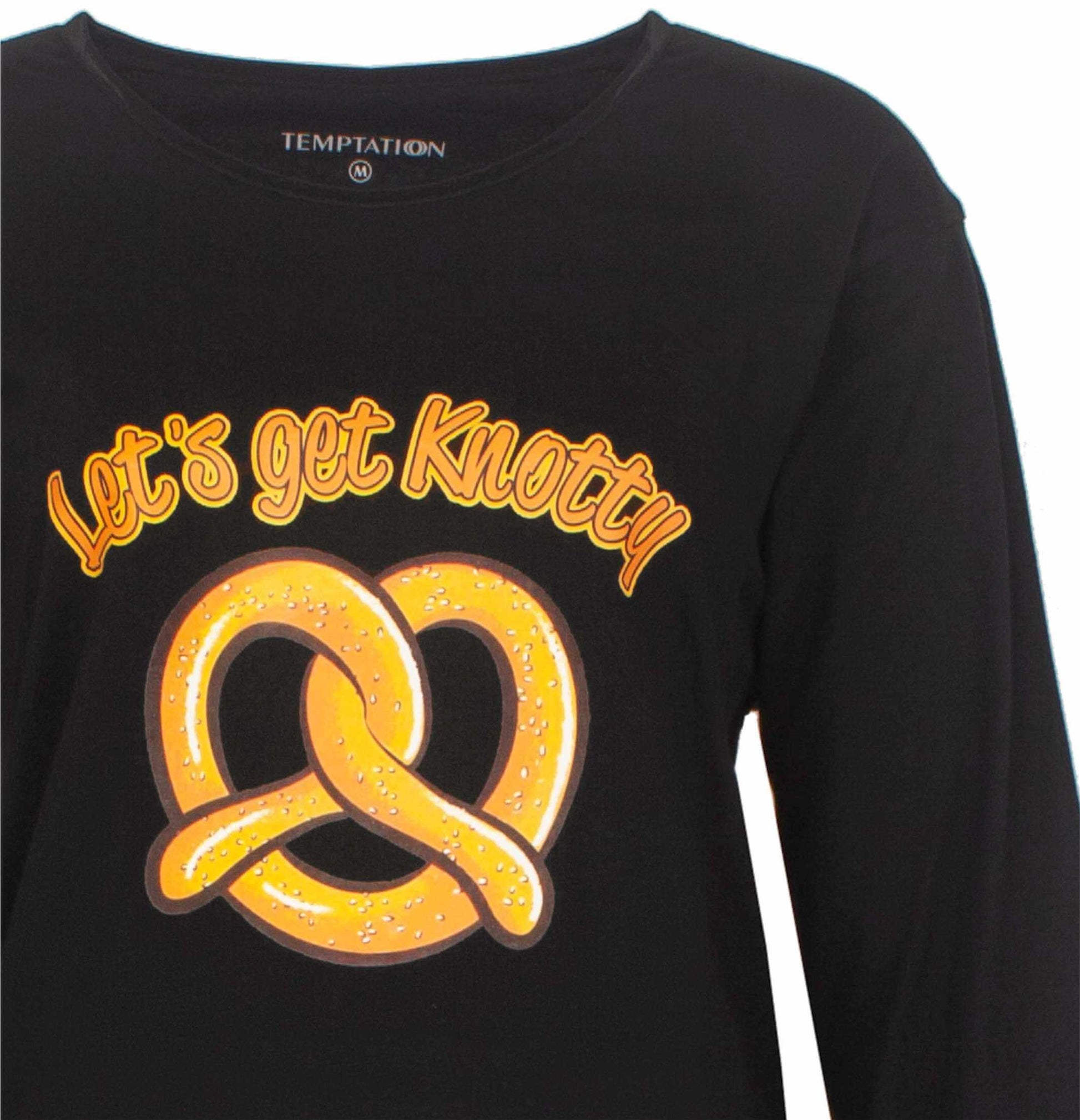 Zwart nachthemd met gele pretzel afbeelding en tekst 'Let's get knotty' in oranje letters