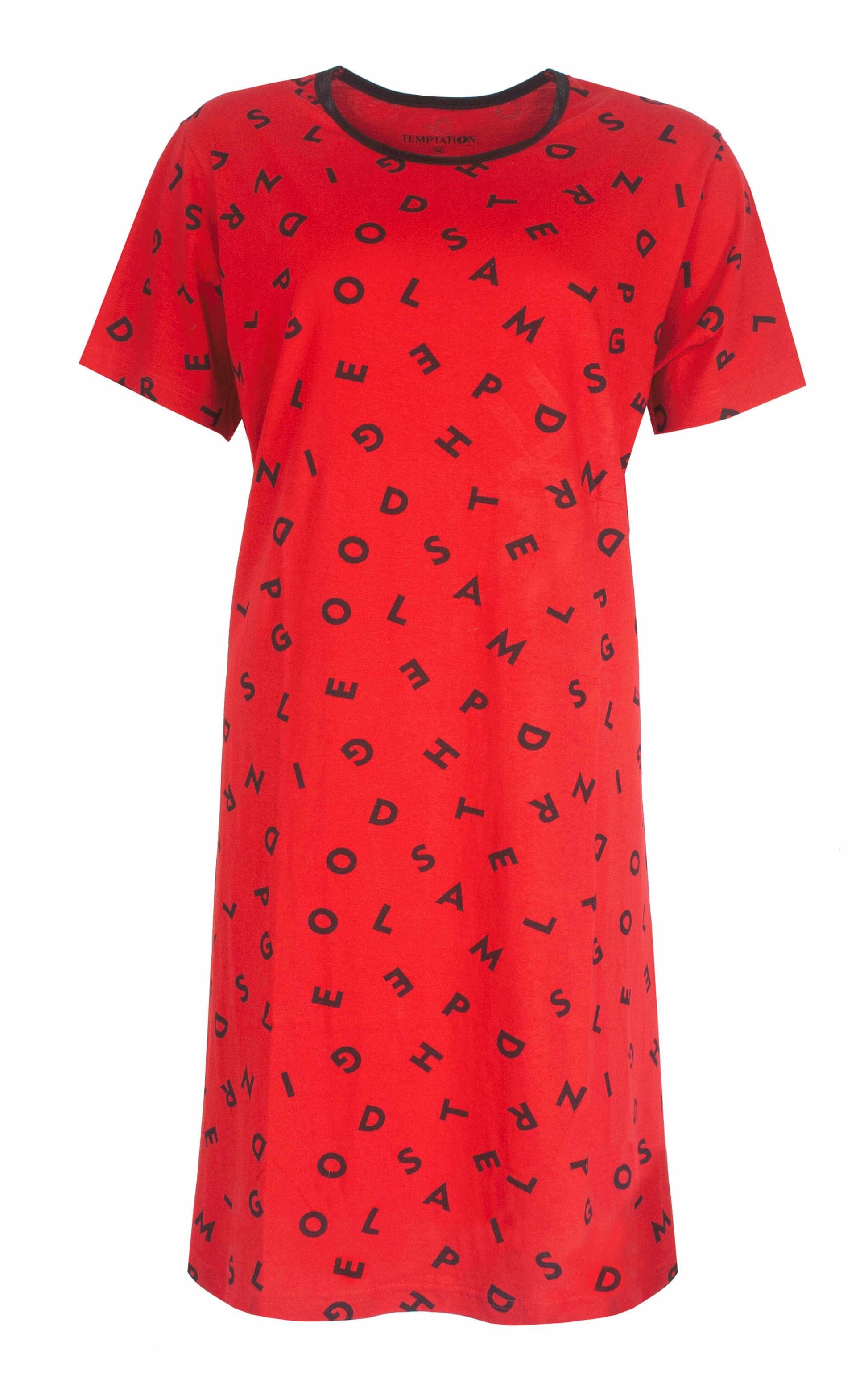 Rood nachthemd met zwarte letters, korte mouwen en ronde hals. Het hemd is bedrukt met willekeurige letters.