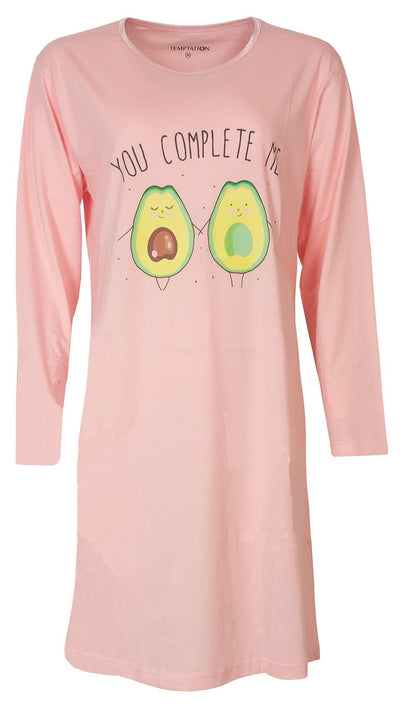 Roze nachthemd met lange mouwen en van twee schattige avocado's met de tekst 'You complete me'
