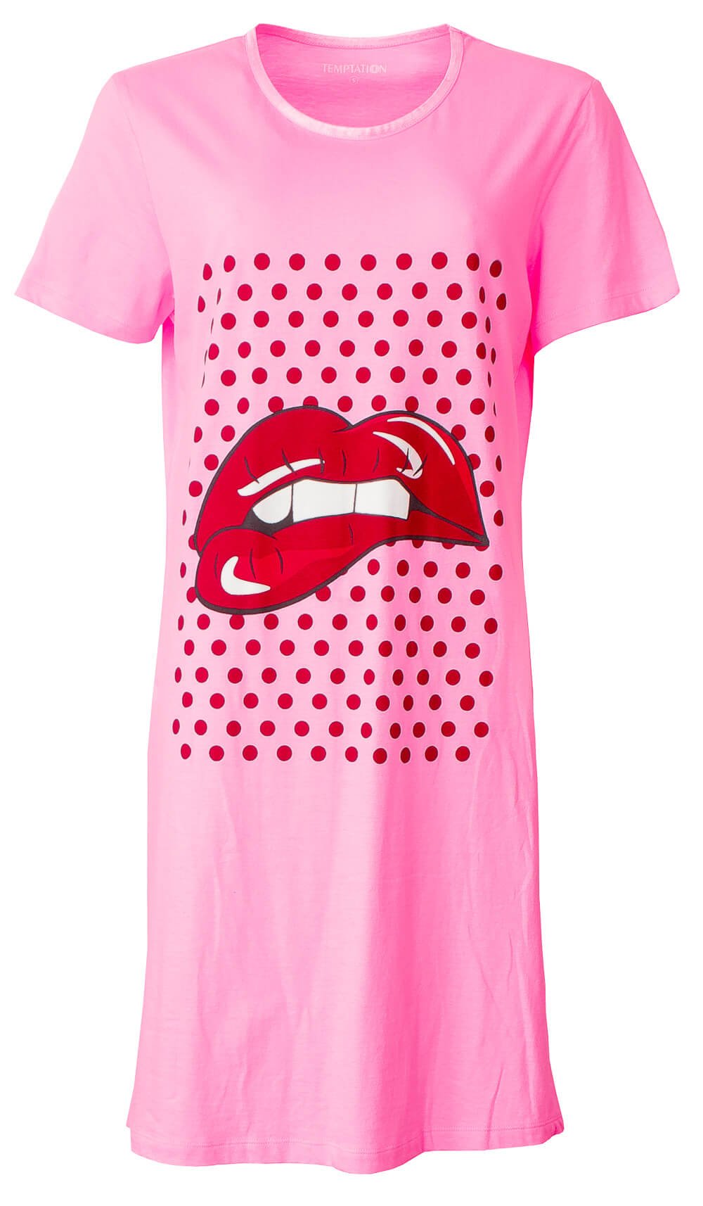 Roze nachthemd met rode stippen en grote rode lippen print, korte mouwen en ronde hals