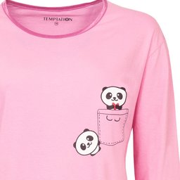 Roze nachthemd met lange mouwen en ronde hals, versierd met schattige panda-opdruk in borstzak en ernaast