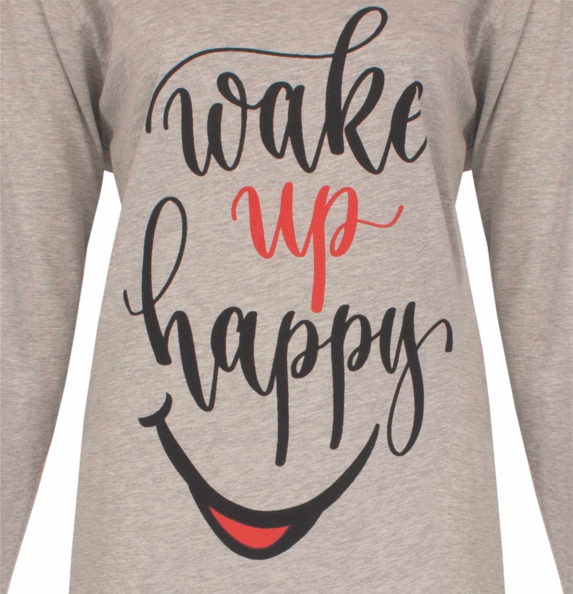 Grijs nachthemd met 'wake up happy' tekst en smiley in zwart en rood, lange mouwen, comfortabel ontwerp