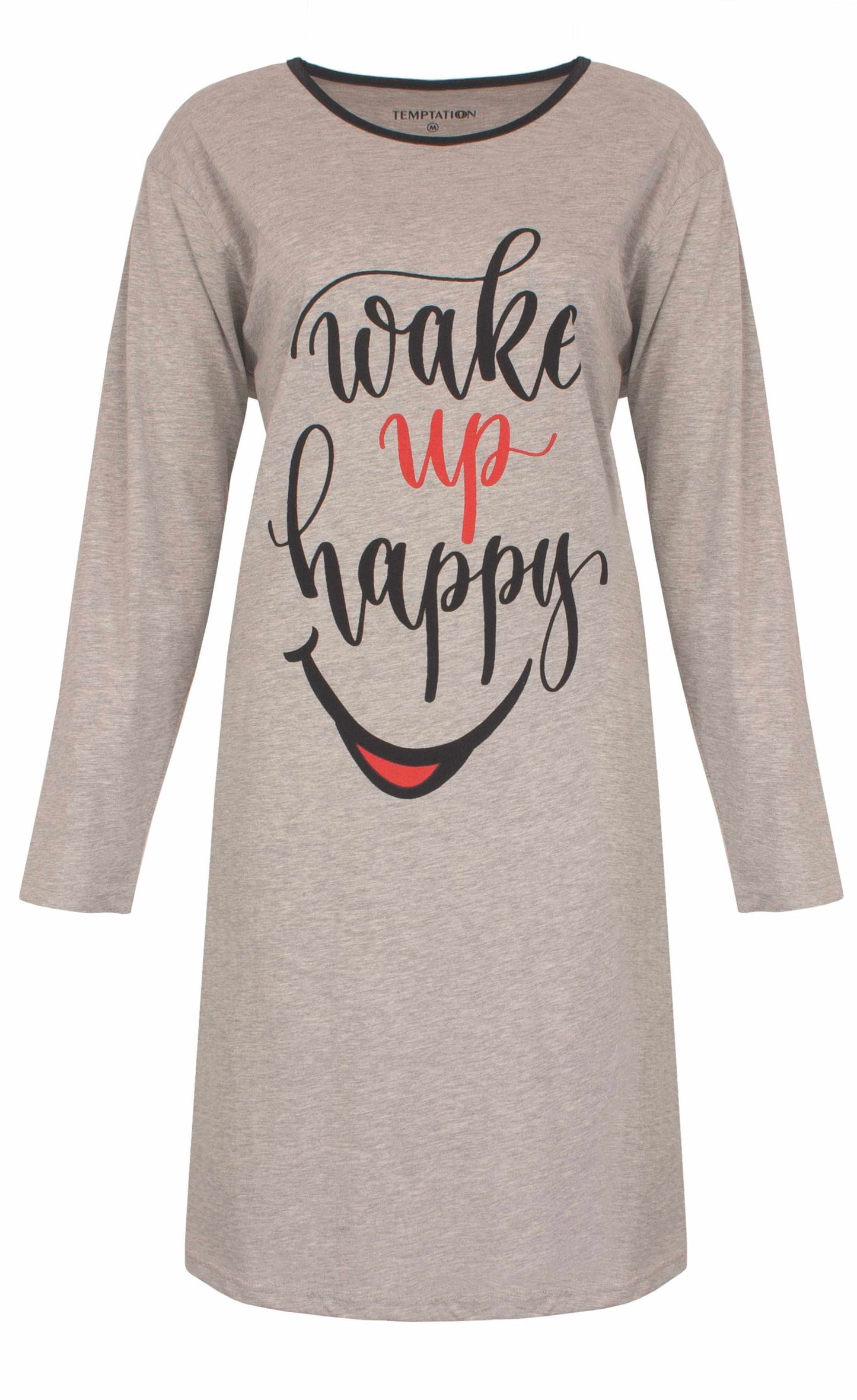 Lichtgrijs dames nachthemd met lange mouwen en 'wake up happy' tekst in zwart en rood, met een glimlach eronder