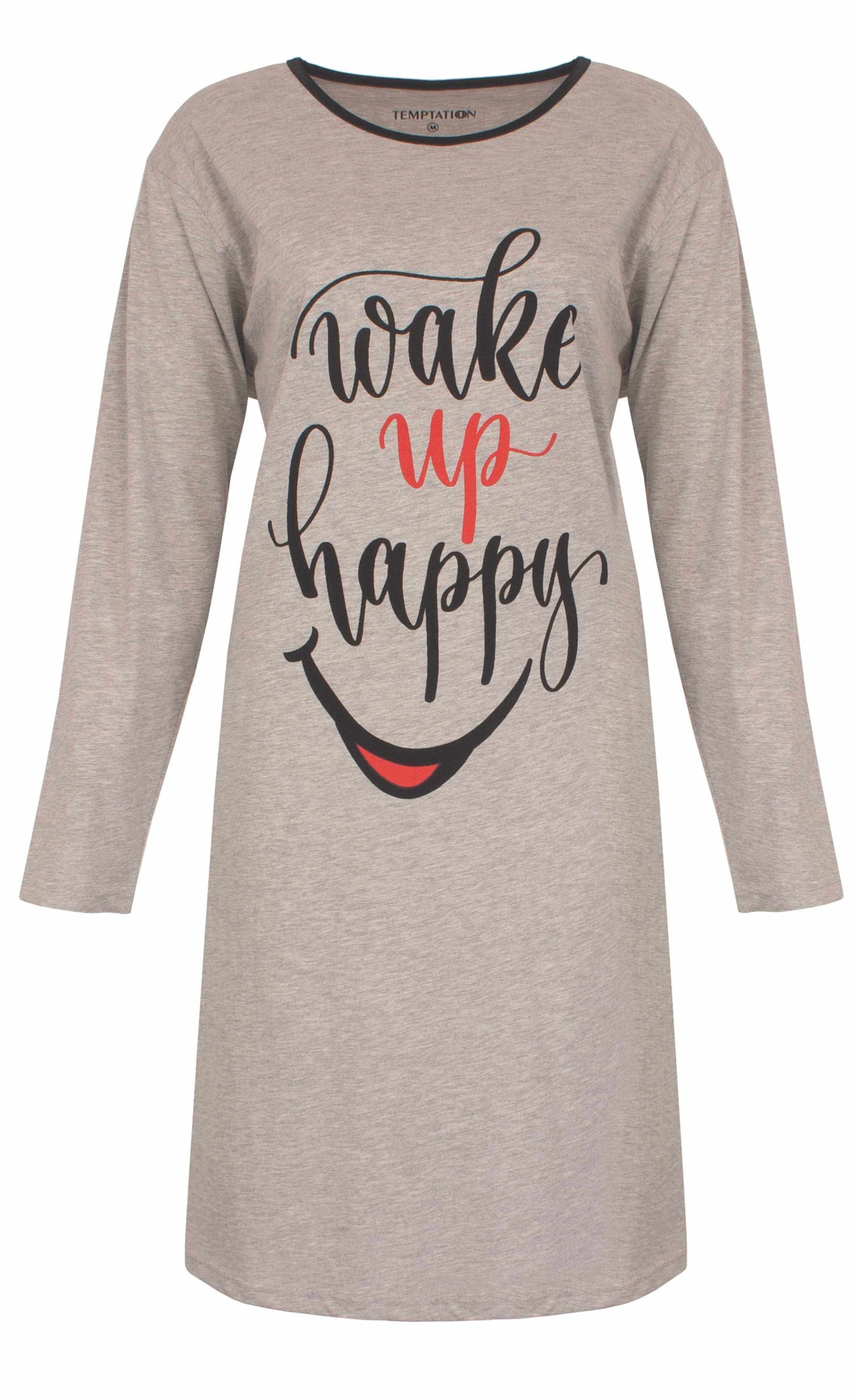 Lichtgrijs dames nachthemd met lange mouwen en 'wake up happy' tekst in zwart en rood, met een glimlach eronder