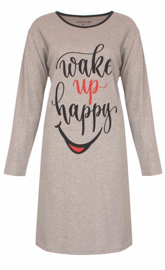 Lichtgrijs dames nachthemd met lange mouwen en 'wake up happy' tekst in zwart en rood, met een glimlach eronder
