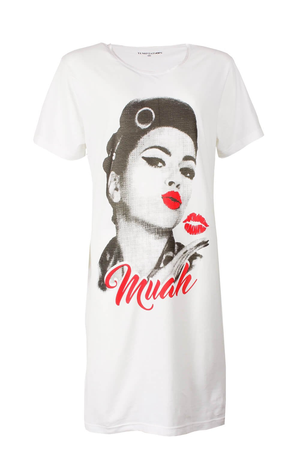 Wit dames nachthemd met zwart-wit print van een vrouw met rode lippen en 'Muah' tekst