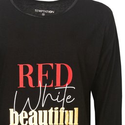 Zwart nachthemd met lange mouwen en rode en witte tekst 'RED White beautiful' op de voorkant