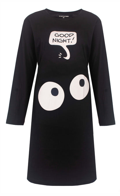 Zwart nachthemd met lange mouwen, 'Good Night!' tekst en grote ogen print, merk Temptation