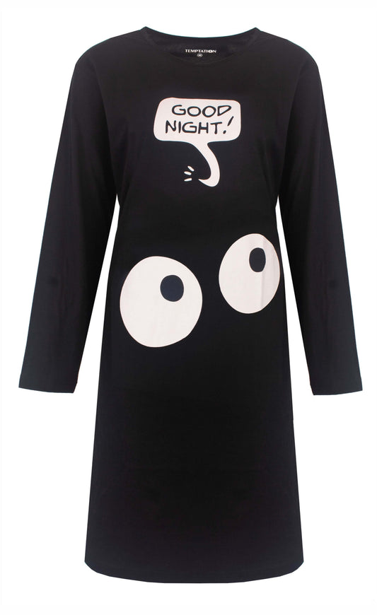 Zwart nachthemd met lange mouwen, 'Good Night!' tekst en grote ogen print, merk Temptation