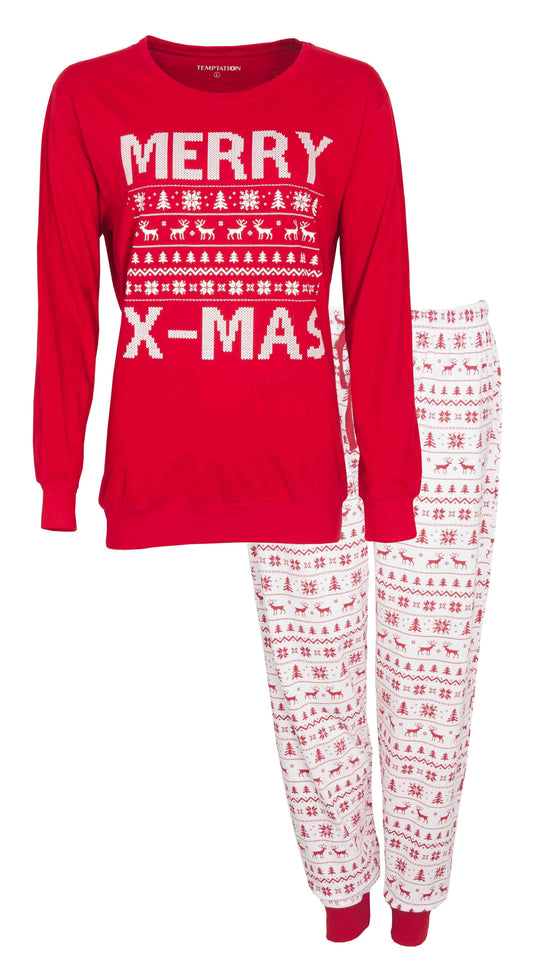 Rode kerstpyjama met 'Merry X-mas' print en witte broek met kerstpatroon, gemaakt van 100% katoen