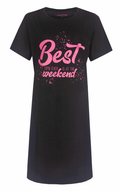 Temptation Dames Nachthemd - Big Shirt - Korte Mouw - Zwart - vooraanzicht