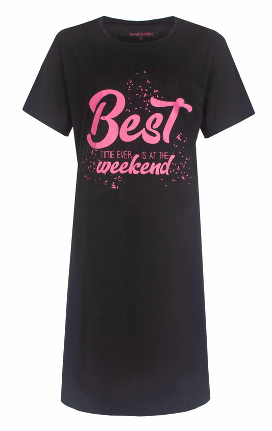 Temptation Dames Nachthemd - Big Shirt - Korte Mouw - Zwart - vooraanzicht