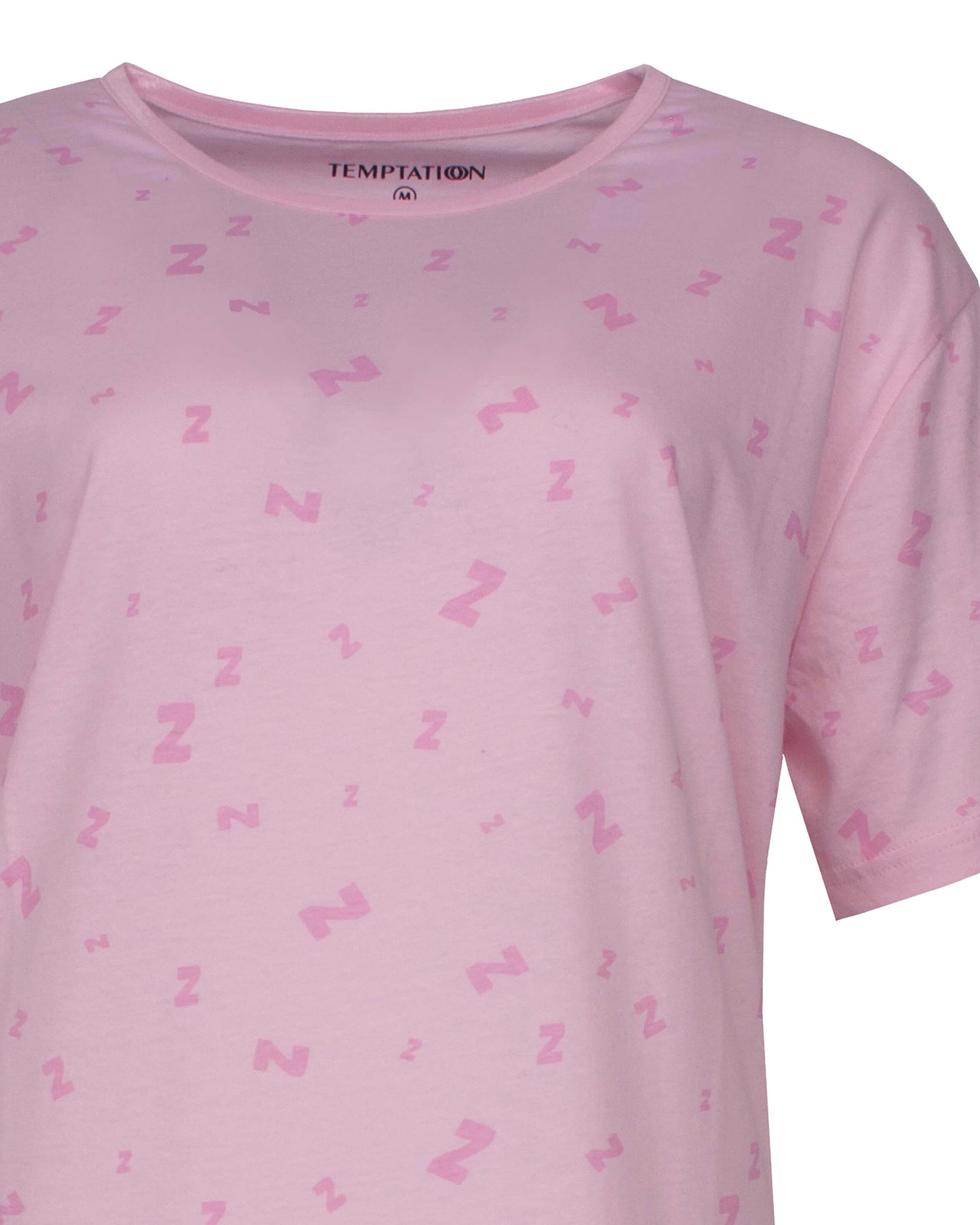 Temptation Dames Big Shirt - Korte Mouwen - Rond Hals - Roze - detail