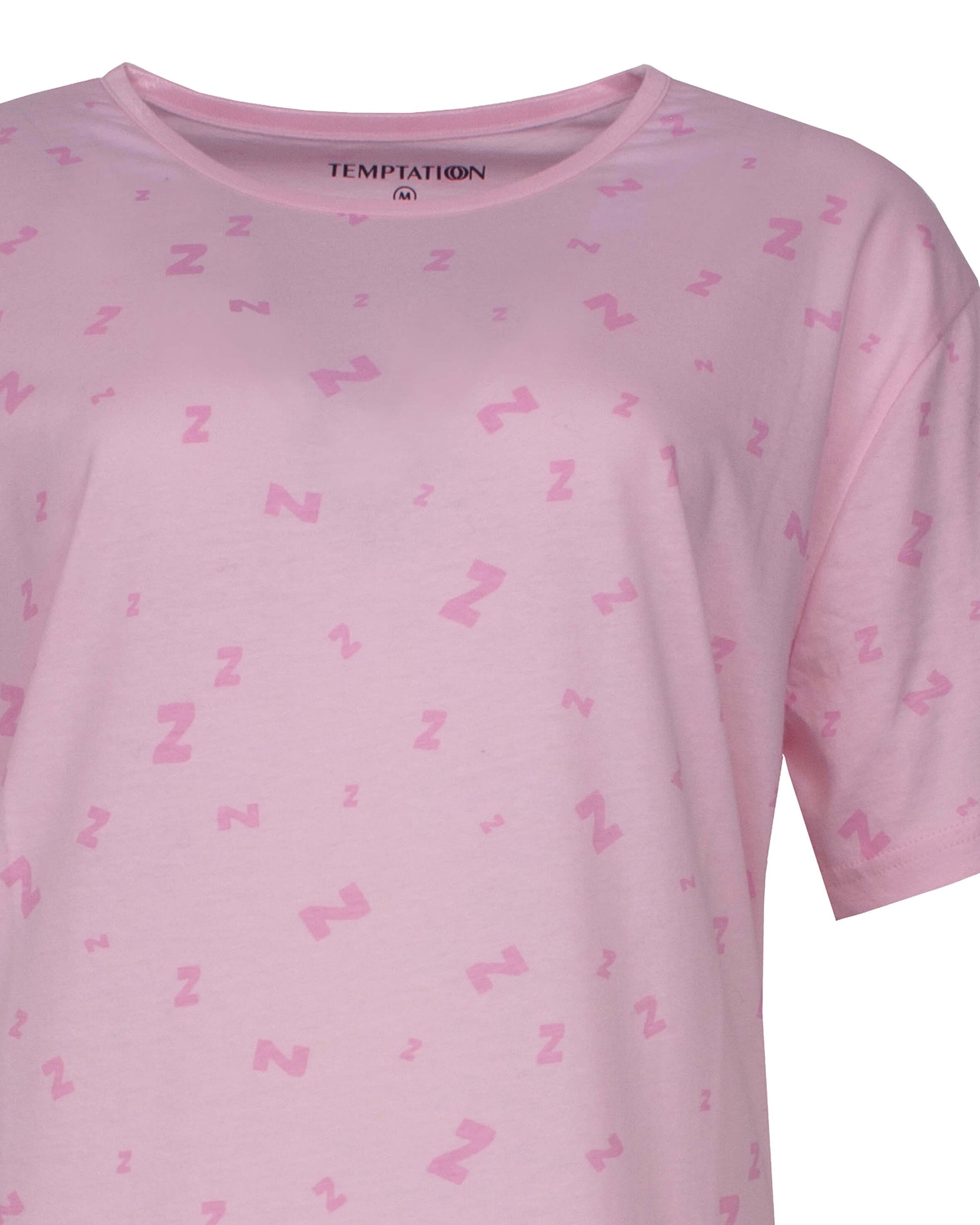 Temptation Dames Big Shirt - Korte Mouwen - Rond Hals - Roze - detail