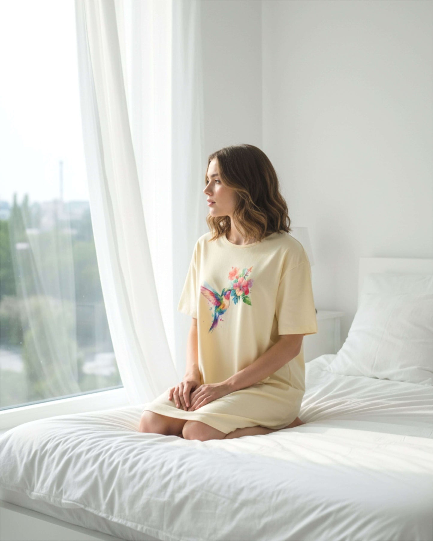 Temptation Dames Big Shirt - korte Mouwen - Geel - achteraanzicht