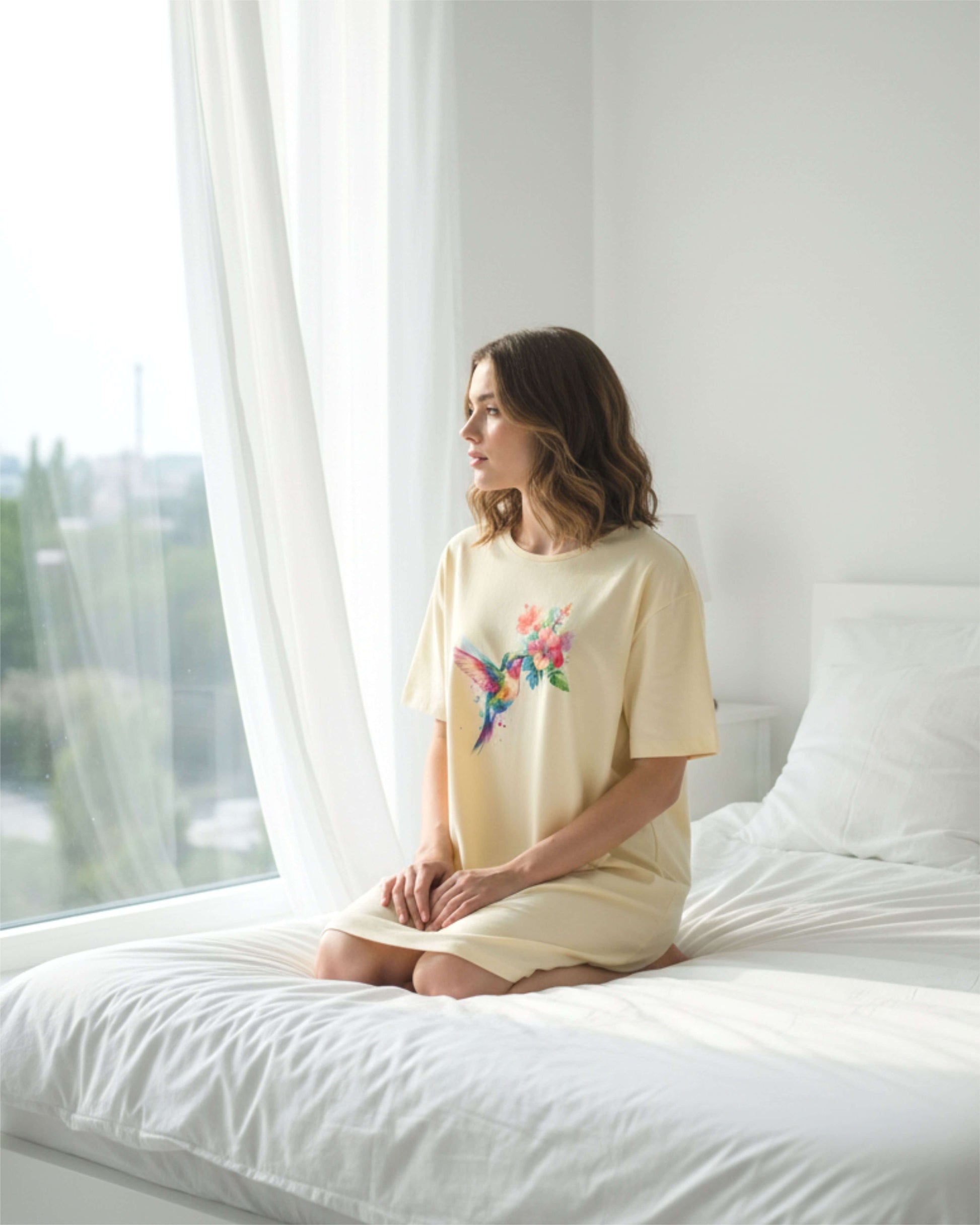 Temptation Dames Big Shirt - korte Mouwen - Geel - achteraanzicht